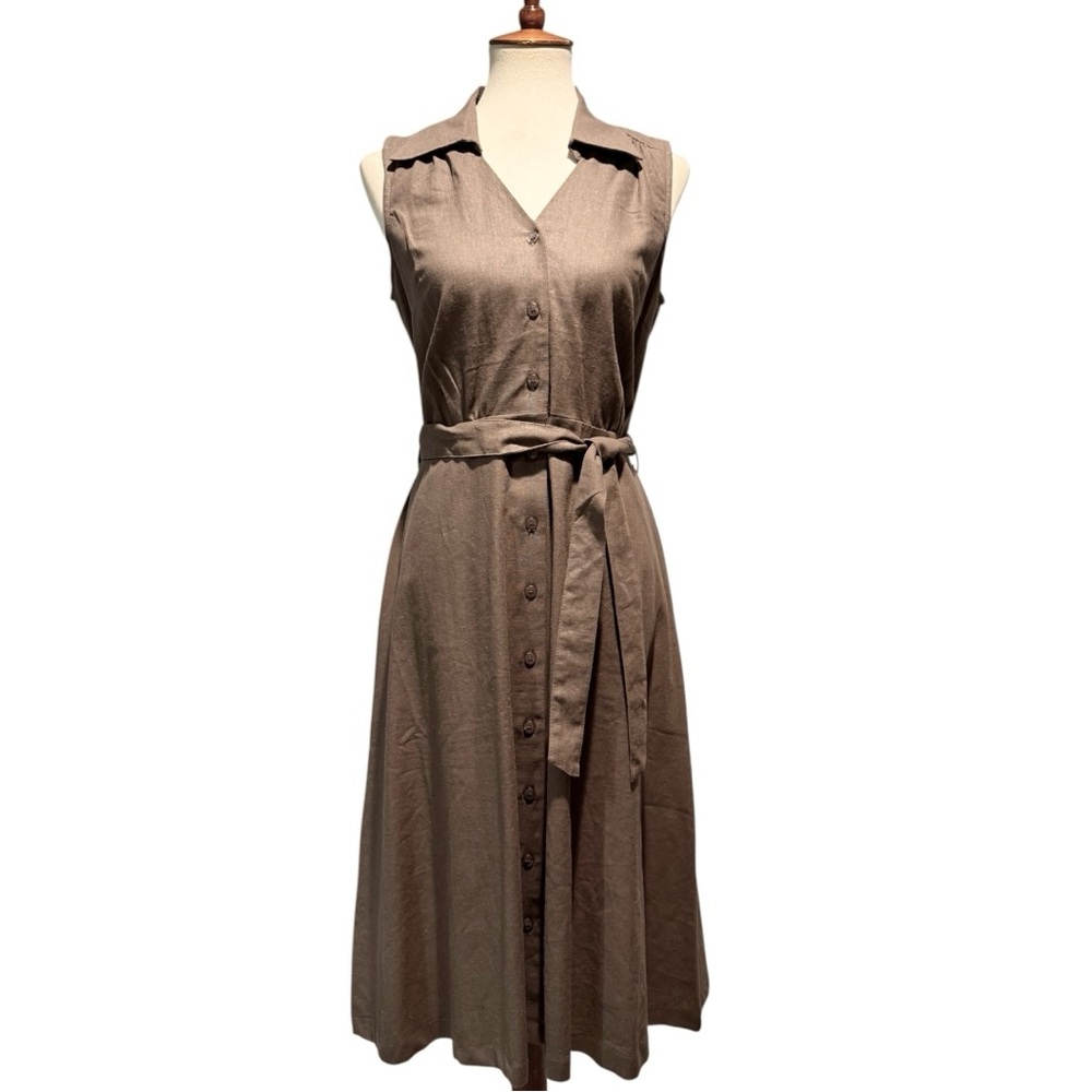 Brown Linen Sleeveless Belted Midi Dress by Contact New York - Size L